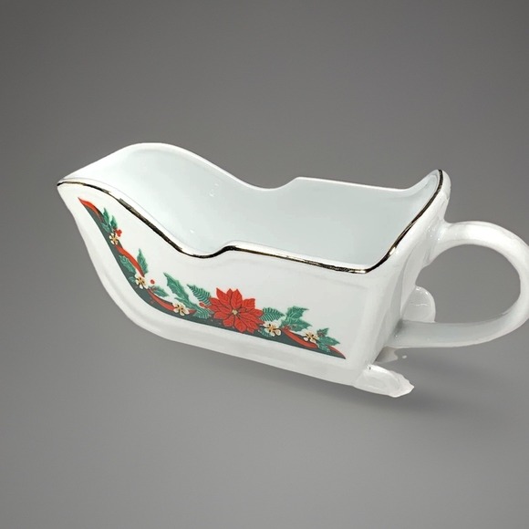 Tienshan Deck Halls Sleigh Gravy Boat Christmas Candy Dish Poinsettia 10"Lx3.75" - Picture 6 of 12